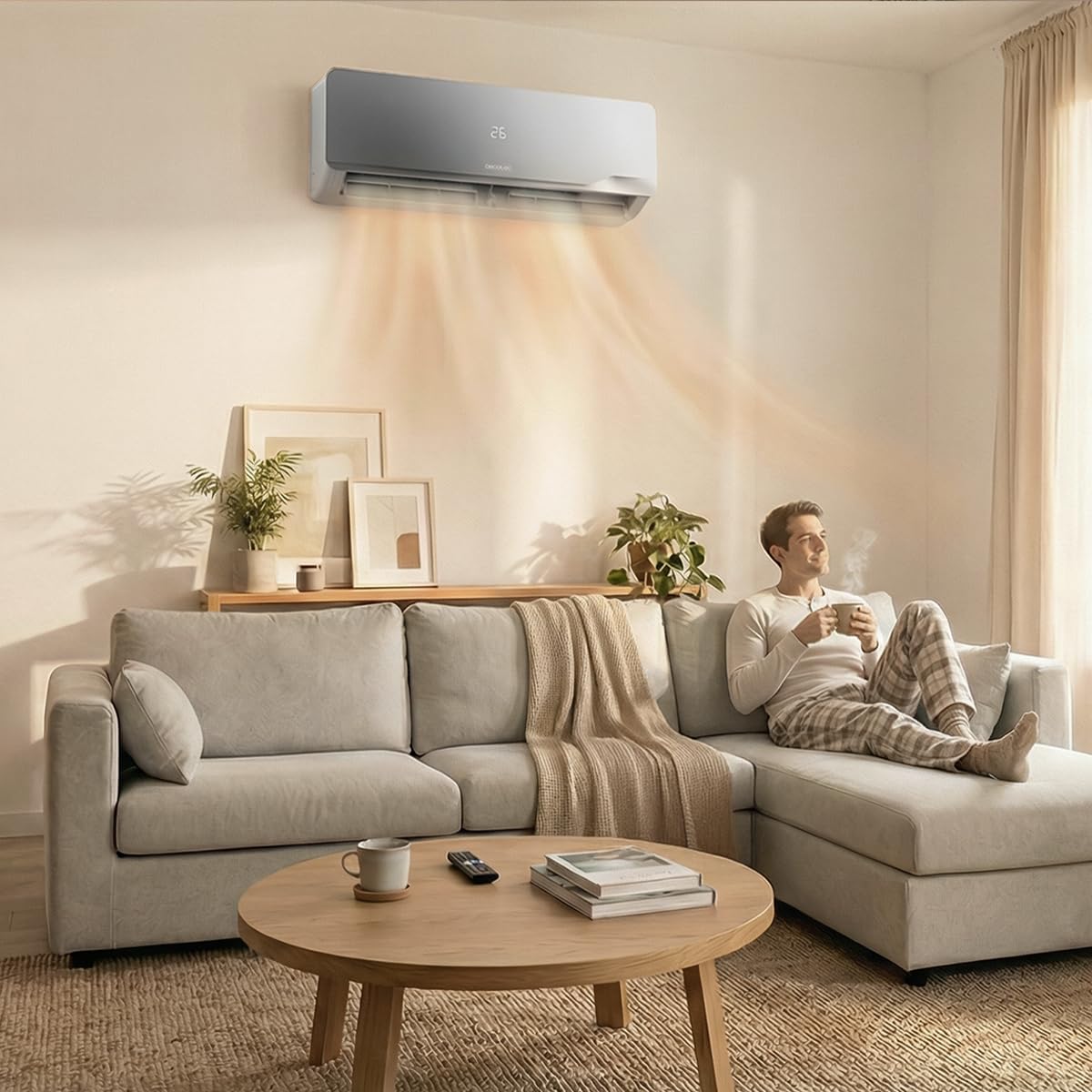 Cecotec Climatiseur Split AirClima 12000 Wind Connected Inverter, 12000 BTU, pompe à chaleur, 5 modes, classe A++, déshumidificateur 21,6 l/jour, écran LED, minuterie 24h, filtre lavable