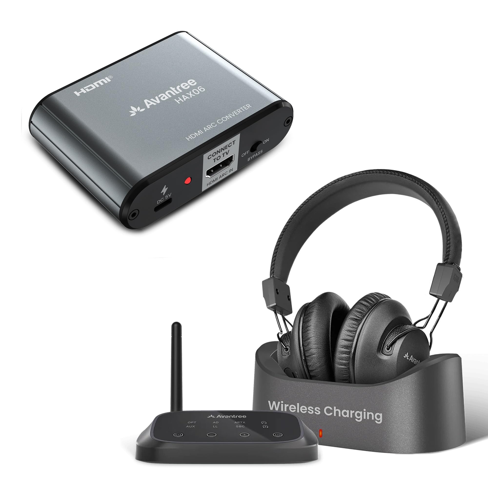 Avantree HT5009 Plus + HAX06 Bundle – TV Headphones for Seniors with HDMI ARC Extractor, Perfect for HDMI-Only TVs, Watch with Soundbar & Headphones Together