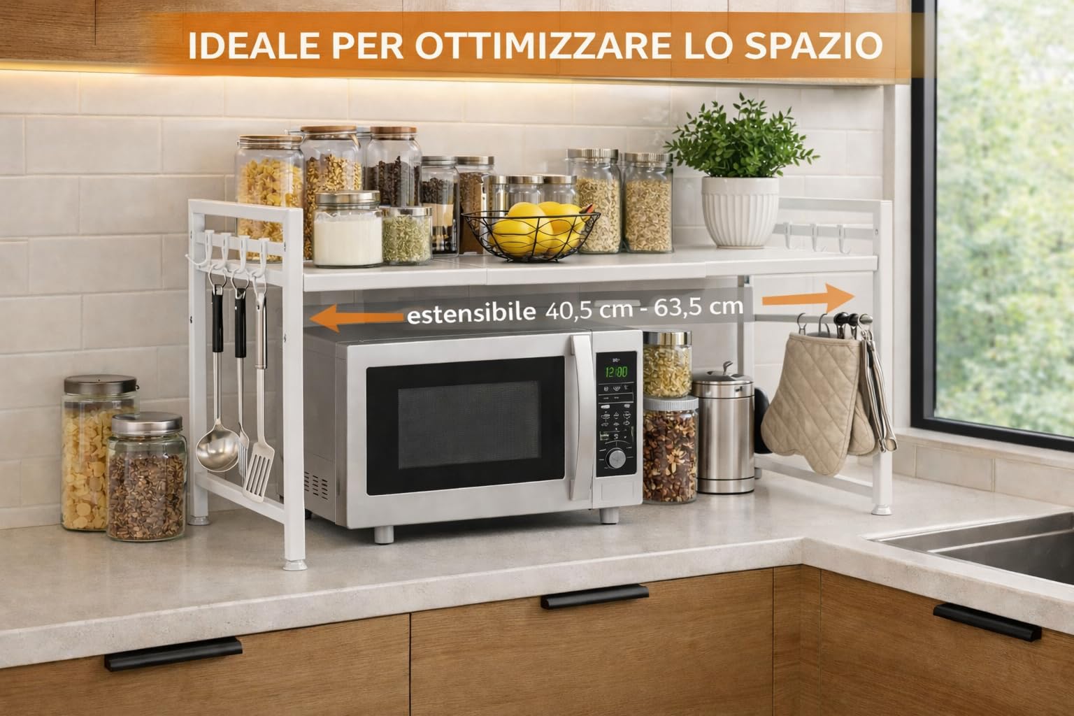 Mensola Estensibile Salvaspazio da Cucina, Supporto per Microonde e Fornetto Elettrico in Metallo con 8 Ganci Laterali e Piedini Regolabili, 40,5-63,5 x 31,5 x 42 cm (Bianco)
