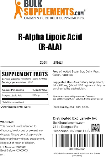 Miniatura 2 de BulkSupplements. com Polvo de ácido R-alfa lipoico - Suplemento ALA - Ácido alfa lipoico R 200 mg - Suplemento antioxidante - Polvo de ALA - 200 mg
