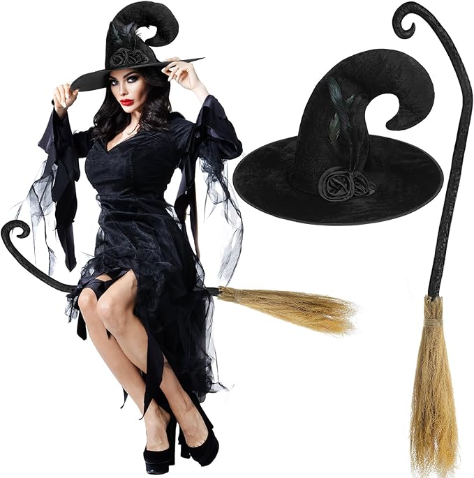 Ciieeo Witch Broom Costume Prop - Plastic Halloween Broom With Spider Web Design