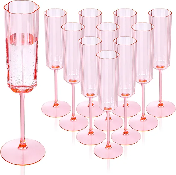 YOUBET 36 Pack Pink Champagne Flutes Plastic - 6 Oz Flower Wavy Champagne Plastic Glasses - Heavy Duty Vintage Disposable Flutes for Wedding Party Birthday Anniversary