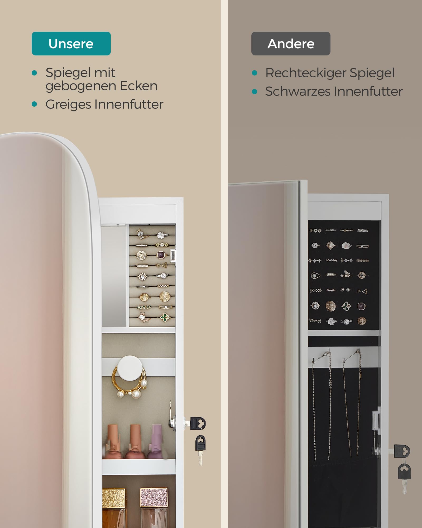 SONGMICS Schmuckschrank, Spiegelschrank, Schmuck-Organizer mit LED-Beleuchtung, abschließbar, Wandschrank mit Spiegel, für Ohrring, Halskette, Oberfläche in Weiß, Innenfutter in Greige JJC026W01