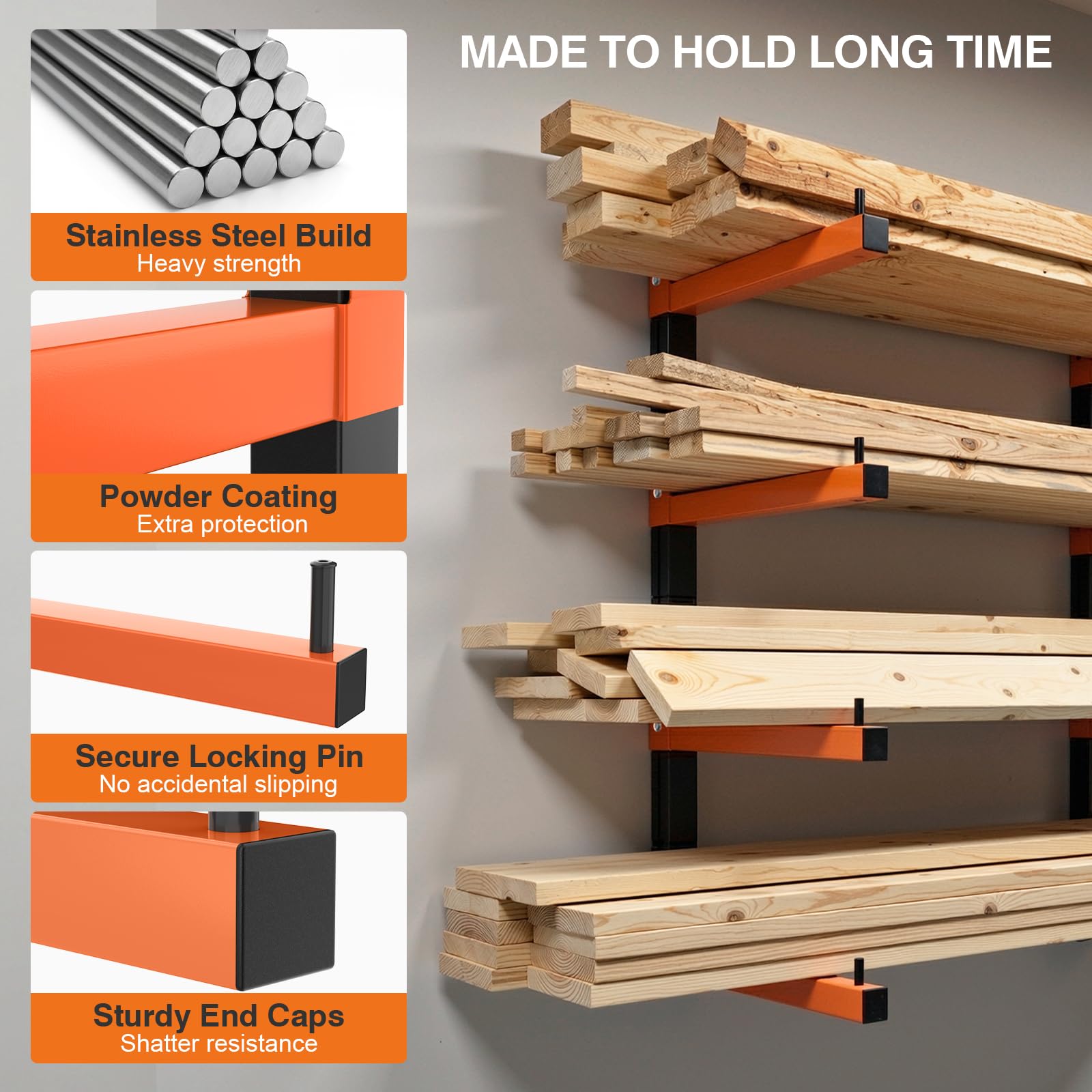 Housolution 4-stufiges Holzlagerregal – 4Pack hält bis zu 520 Pfund,mit verstellbaren Armen, robustes Metallregal 32"/83 cm Holzlagerregal Wandmontage für Garage,Holzwerkstatt, Innen- und Außenbereich