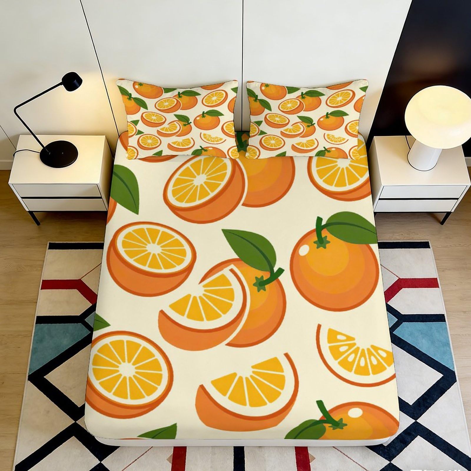 3D Printed Orange Fruit Fitted Sheet Microfiber Soft Breathable Citrus Slice Bed Cover for Bedroom Dorm Mattress Decor 90x200x25cm