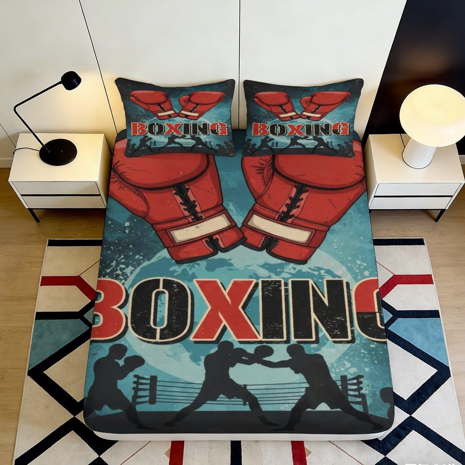 3D Printed Boxing Theme Fitted Sheet Microfiber Elastic Hem Deep Pocket Boxing Mattress Fitted Cover Non-Slip for Bedroom 140x200x25cm