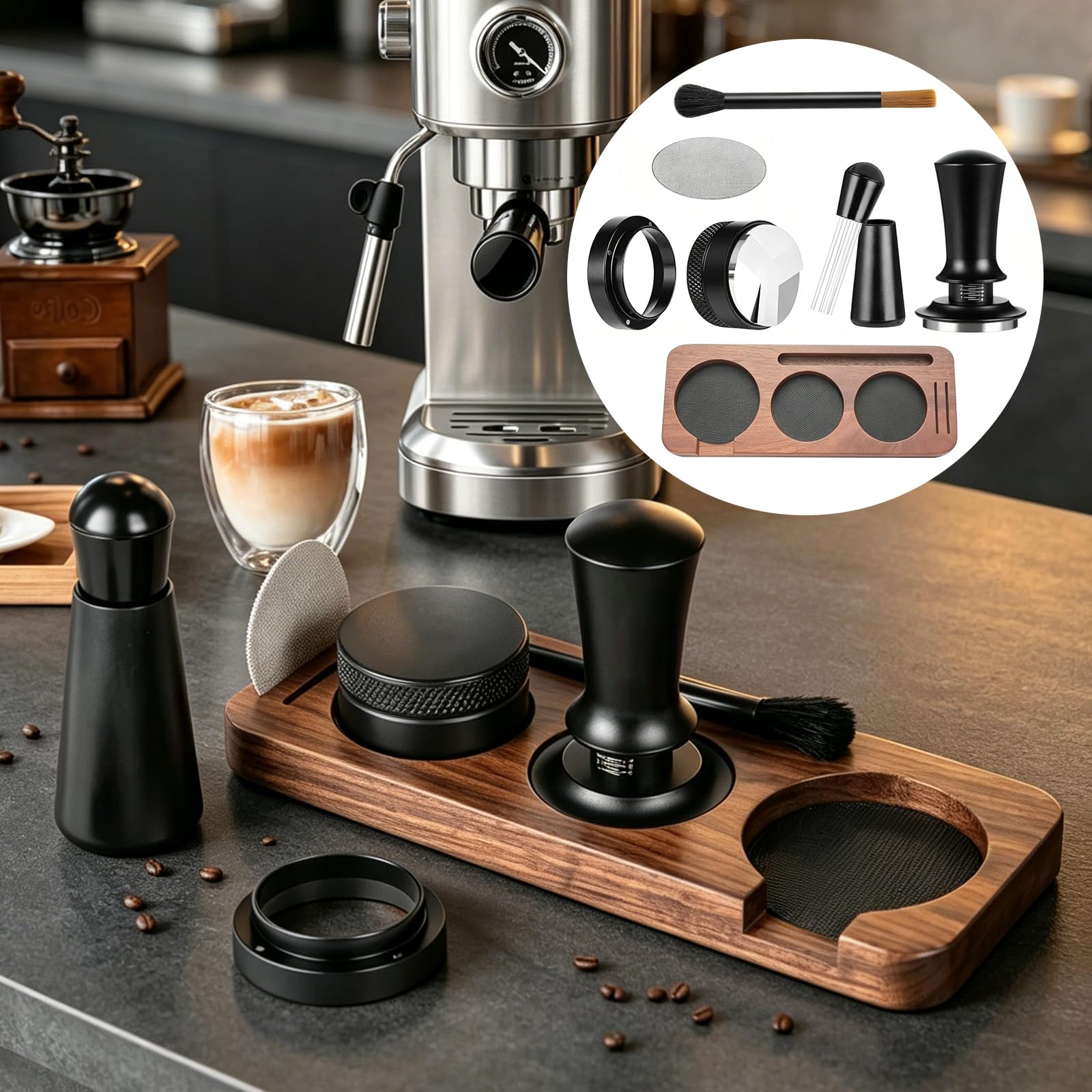 Barista - Juego de prensador de café (7 piezas, 51 mm, con estación de apisonamiento, aguja, distribuidor, anillo dosificador de 53 mm, pantalla y cepillo, acero inoxidable 304)