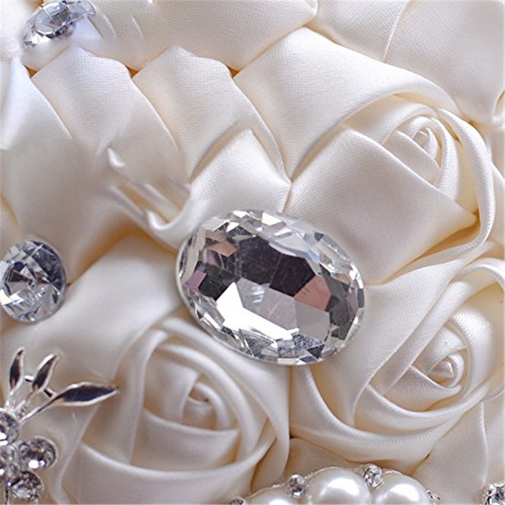 Handgemachte Brosche Brautstrauß Braut Satin Rosen Blumen Strass Perlen Blumensträusse Hochzeit Strauß Künstliche Blumenstrauß künstlicher Rosenstrauß Dekoration (Creystal Creamy White)
