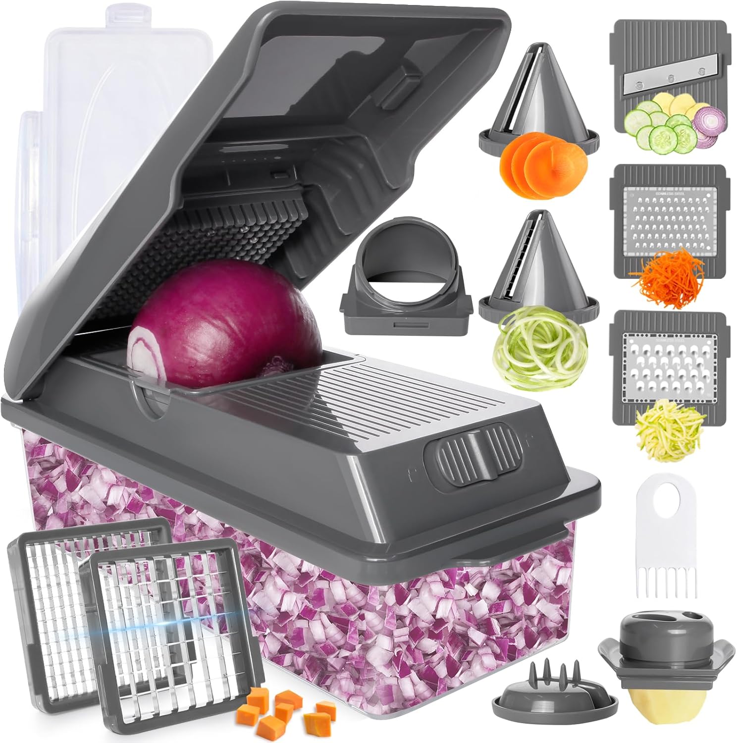 LHS Professional Multifunctional Vegetable Chopper Pro Food Chopper with Food Storage Containers, Mandoline Slicer Onion Dicer Fruit Cutter, Kitchen Gadgets and Home Essentials(11 in 1, Grey)