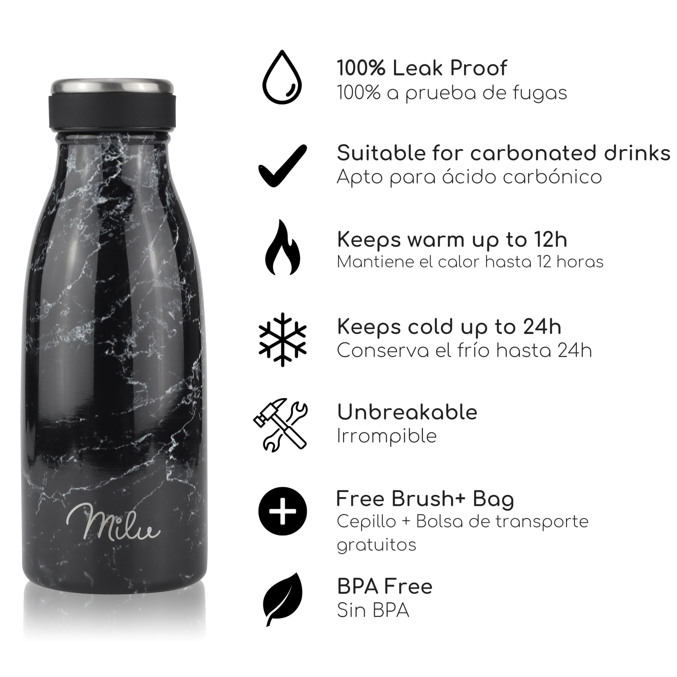 Milu Botella de acero inoxidable de 350ml 500ml 750 ml 1 L 1,5 L botella de agua aislada, termo a prueba de fugas, doble pared, apta para ácido carbónico + cepillo de limpieza (Azul Violeta, 350ml) — view 119