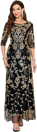 Formal Evening Dress, Black Sequin Floral, Half Sleeve, Round Neck, Long Sheath US, Alpha, Large, Regular, Regular, Black