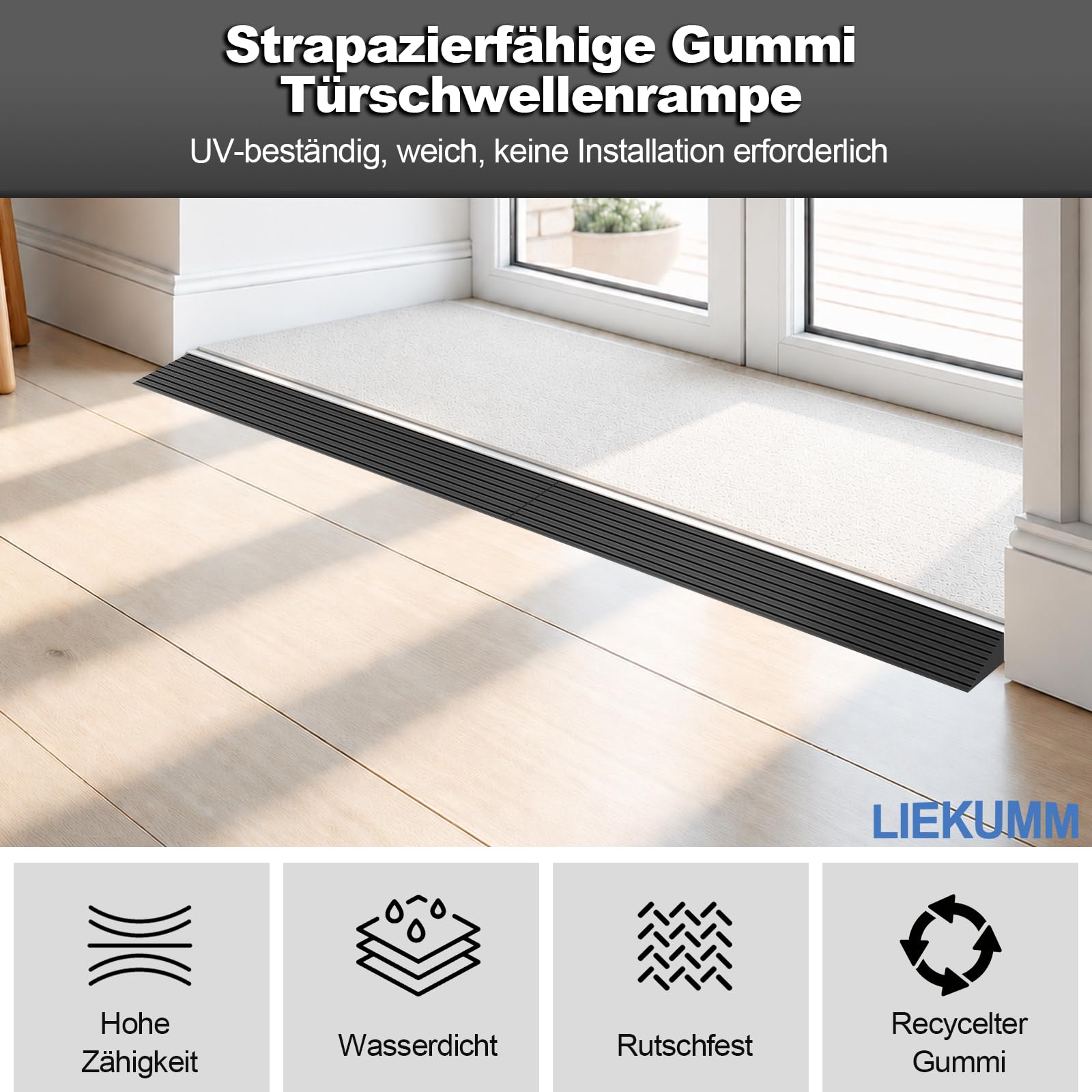 LIEKUMM Gumowa rampa progowa 900 x 15 mm, nośność 650 kg, czarna, nadaje się do drzwi, podjazdów, łazienek, możliwość przycinania