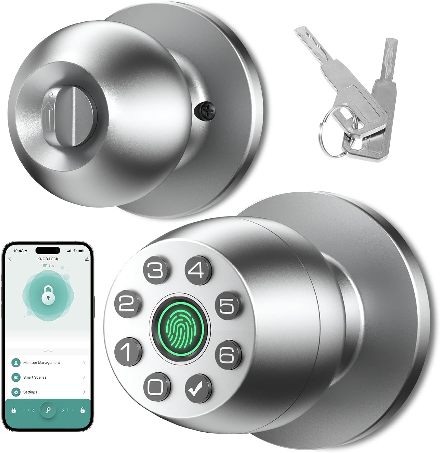 Fingerprint Door Lock, smart Door knob with Fingerprint and keypad Password, App-Controlled biometric Door Lock, keyless Entry, Suitable for bedrooms, Offices, Hotels, Apartments (Silver)