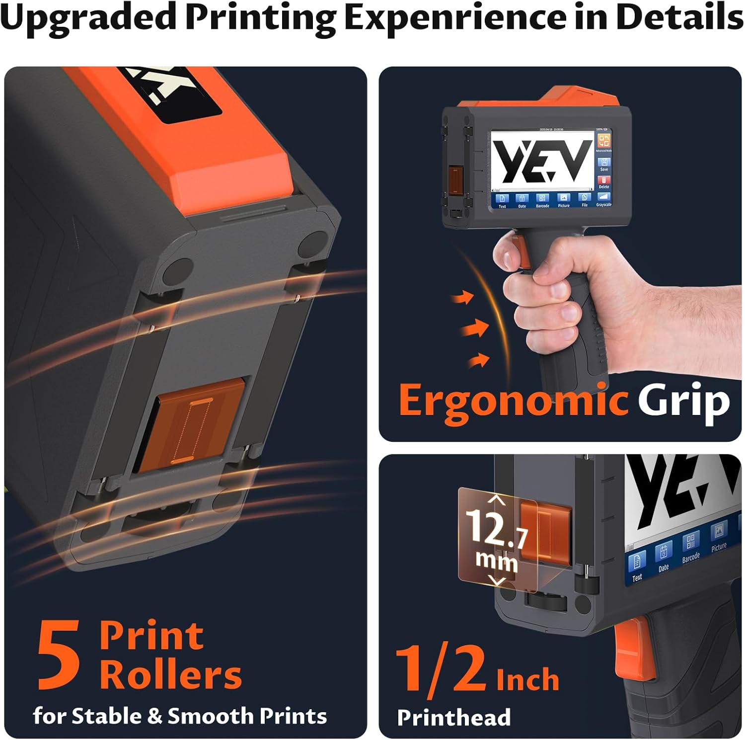 YEV Handheld Inkiet Printer V127 Newly Enhanced 16-Hour Continuous Printing 5 Wheel Support for Printing Batch Numbers, Logos, Serial Numbers, Barcodes, and QR Codes on Diverse Materials (Orange)