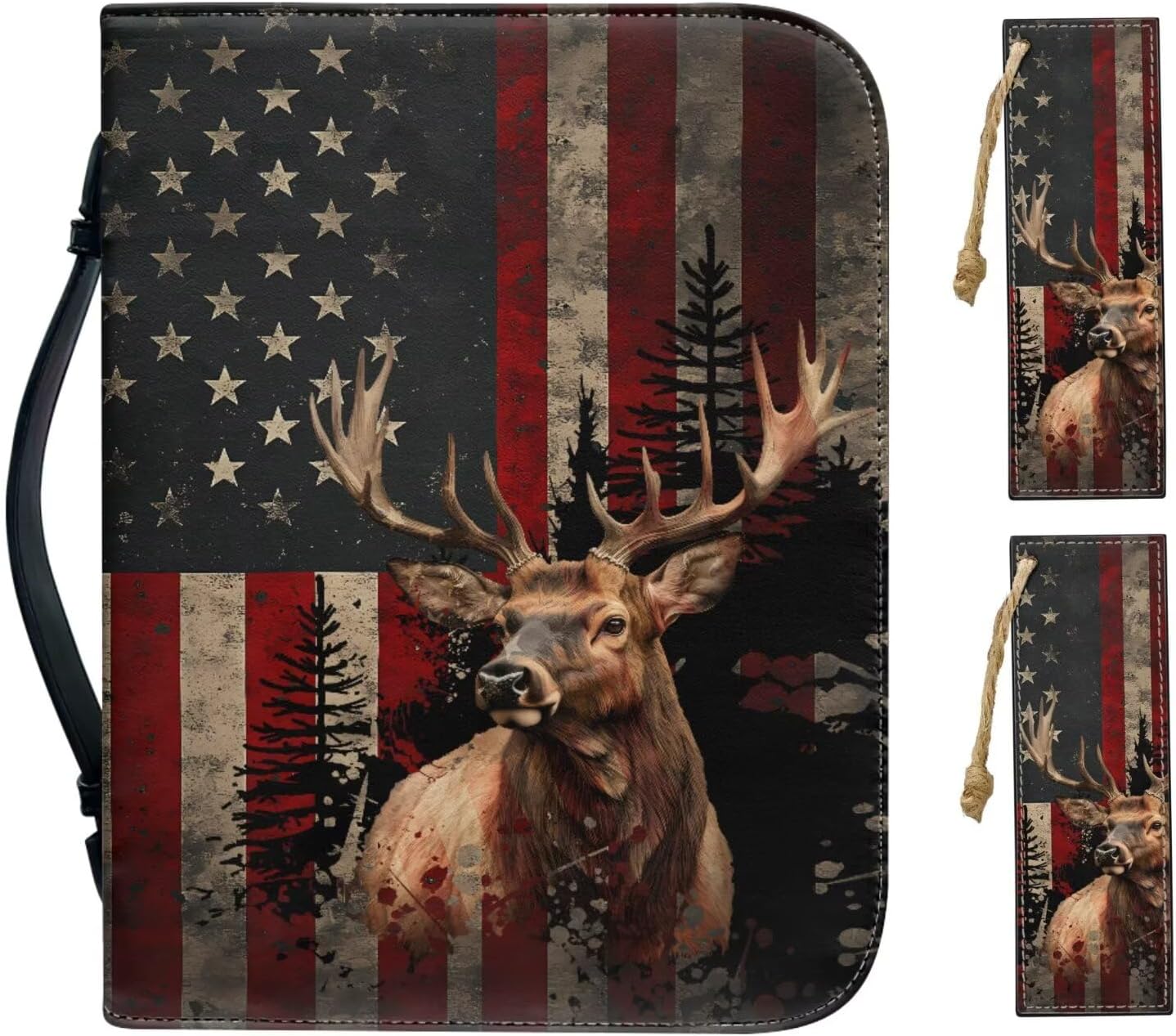 PU Leather Bible Cover with Zipper Pockets Grunge American Flag Hunting Elk Print Book Cover Carrying Bible Case for Christian Prayer Putdooor Study Supplies, 2XL