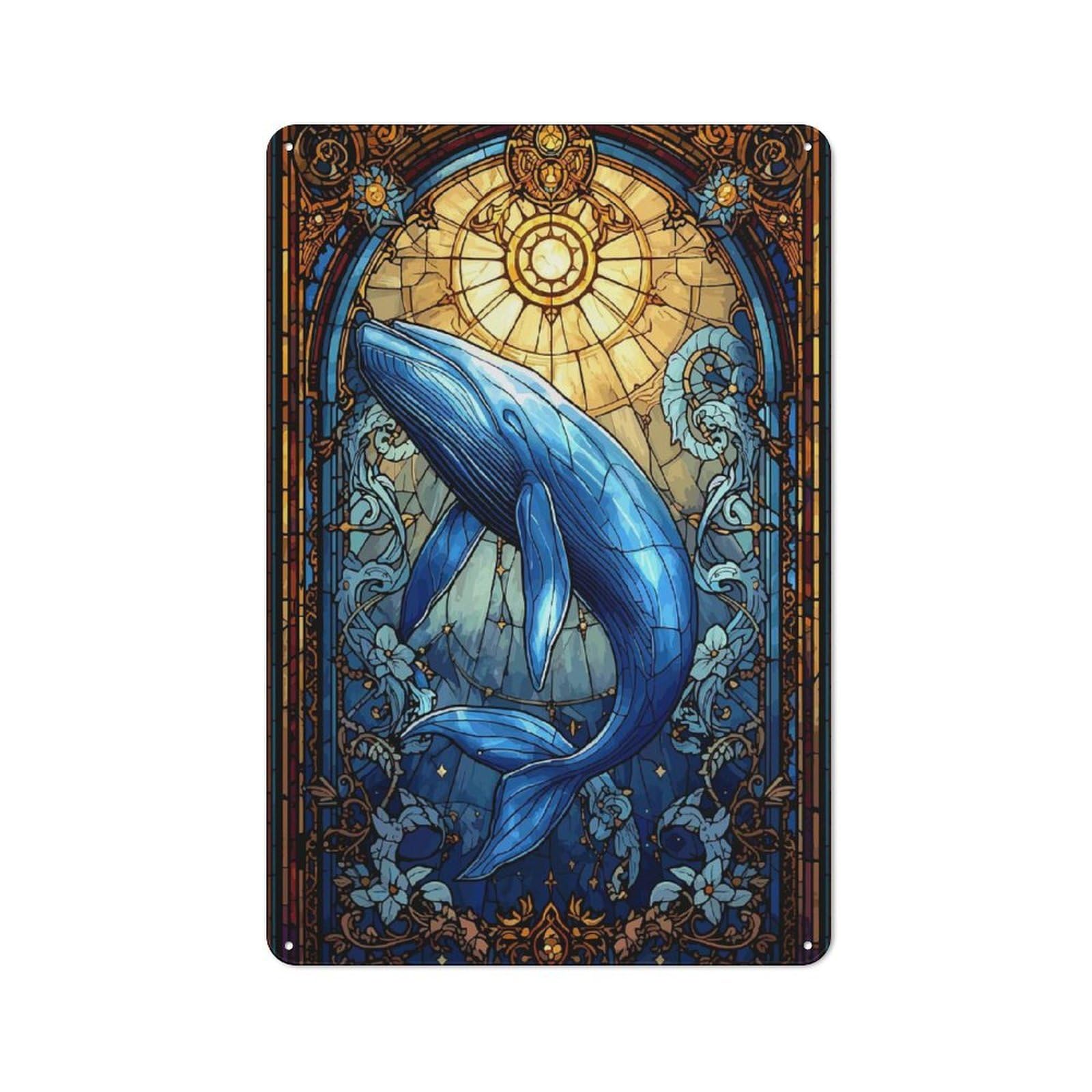Whale Stained Glass Clean Industrial Metal Wall Decor 30x20cm, Decorative Metal Plaque for Workspace, Cafe, Hallway Or Garage