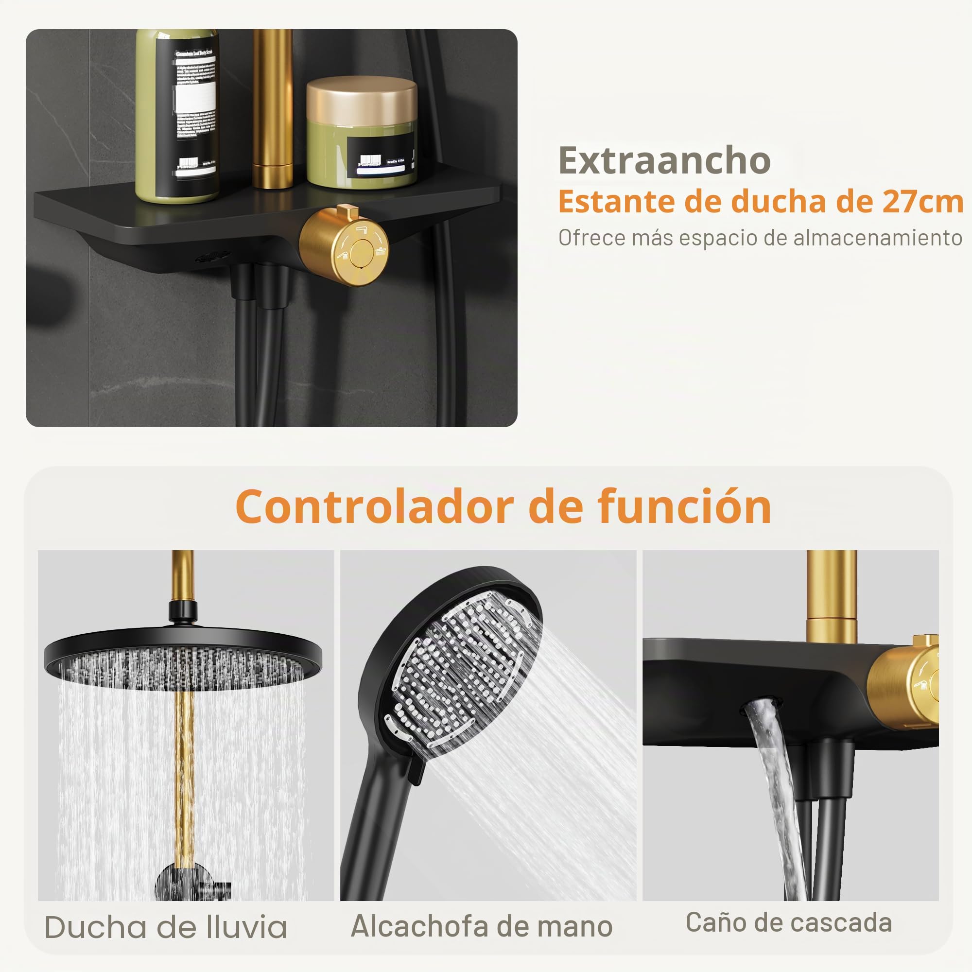 Ducha de lluvia sin grifería con estante, sistema de ducha con cabezal de ducha de acero inoxidable ajustable, barra de ducha, alcachofa redonda, 25 cm, negro y dorado