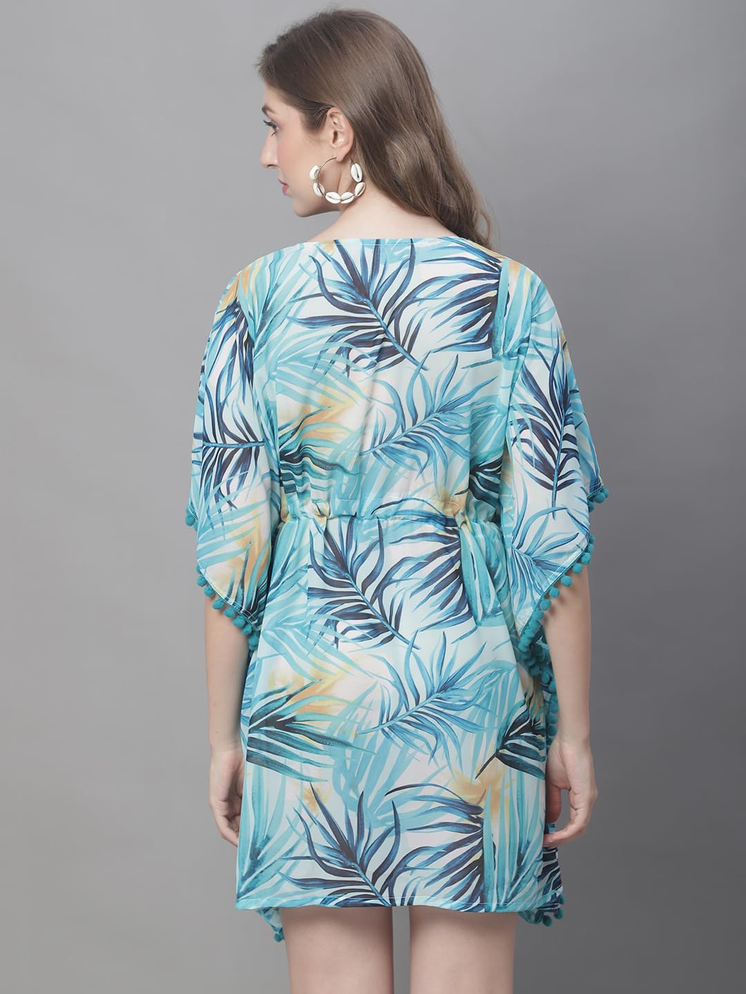 Claura Turquoise Blue & Yellow Tropical Printed V Neck Swimwear Cover Up kaftan Dress. (Blue) 1