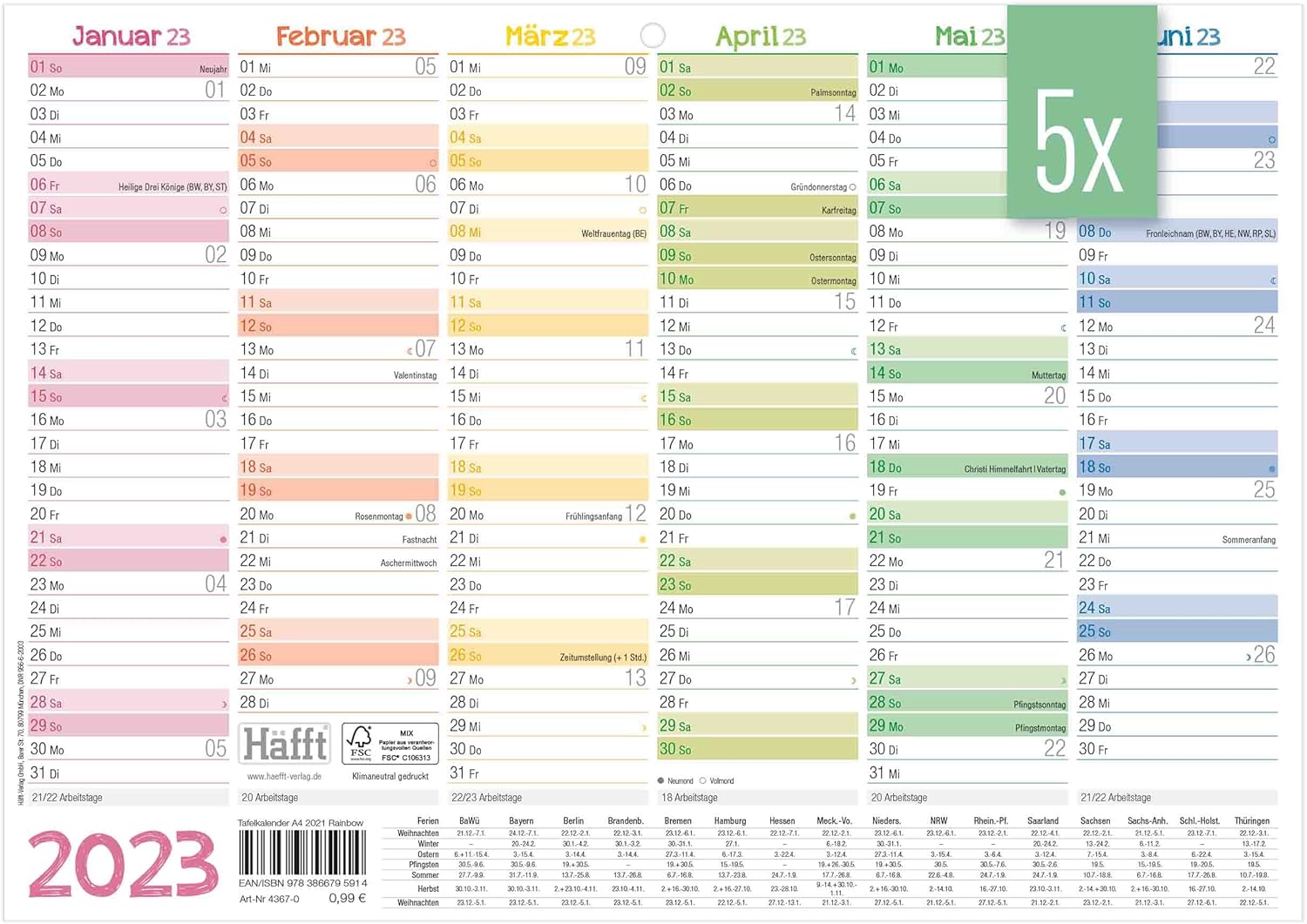 5 x Premium Tafelkalender 2023 A4 quer [Rainbow] - Jahresplaner