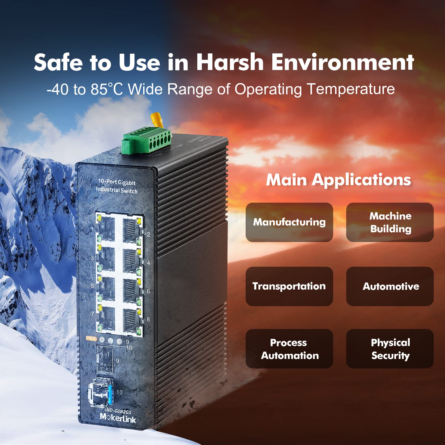 MokerLink Commutateur Ethernet 8 Ports Gigabit Industriel DIN chienen 2 Ports SFP avec 1 Module LC 20 KM, commutateur réseau IP40 Non géré (-40 à 185 °F), avec Bloc d'alimentation
