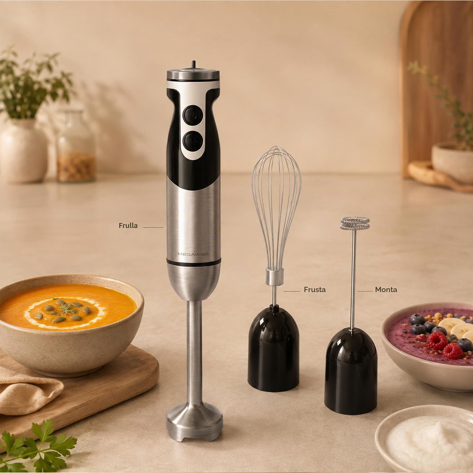 Set frullatore a immersione 3 in 1 MEGAWISE Pro, frullatore a immersione in titanio da 800 W con controllo a 12 velocità, frusta e schiumatore (nero)