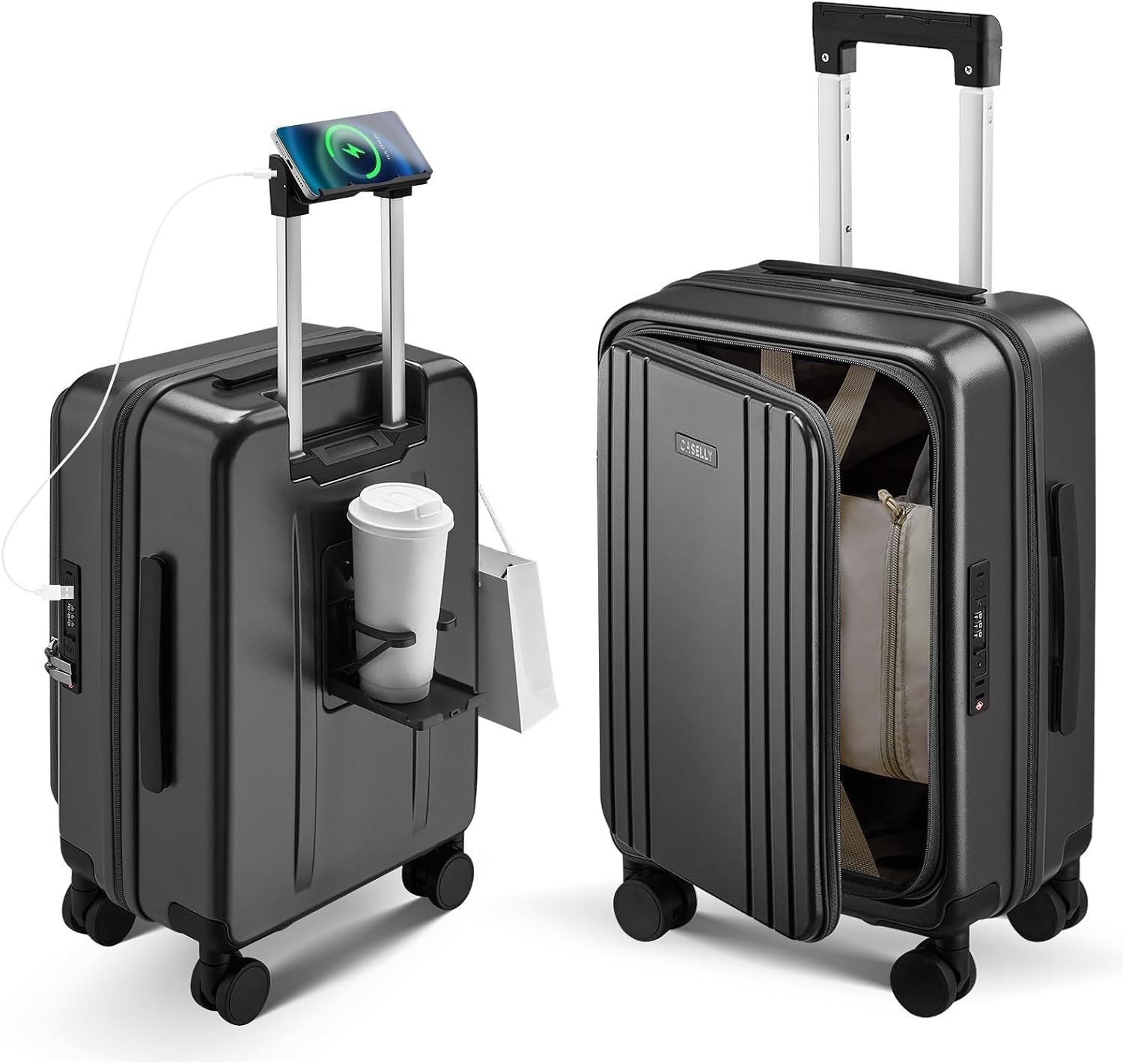 Carry On Luggage Top Opening with Cup Holder & Phone Holder, Expandable PC Hard Shell Suitcase with USB Charging Port, Side Hook, 360° Spinner Wheels, TSA Lock & YKK Zippers thumbnail