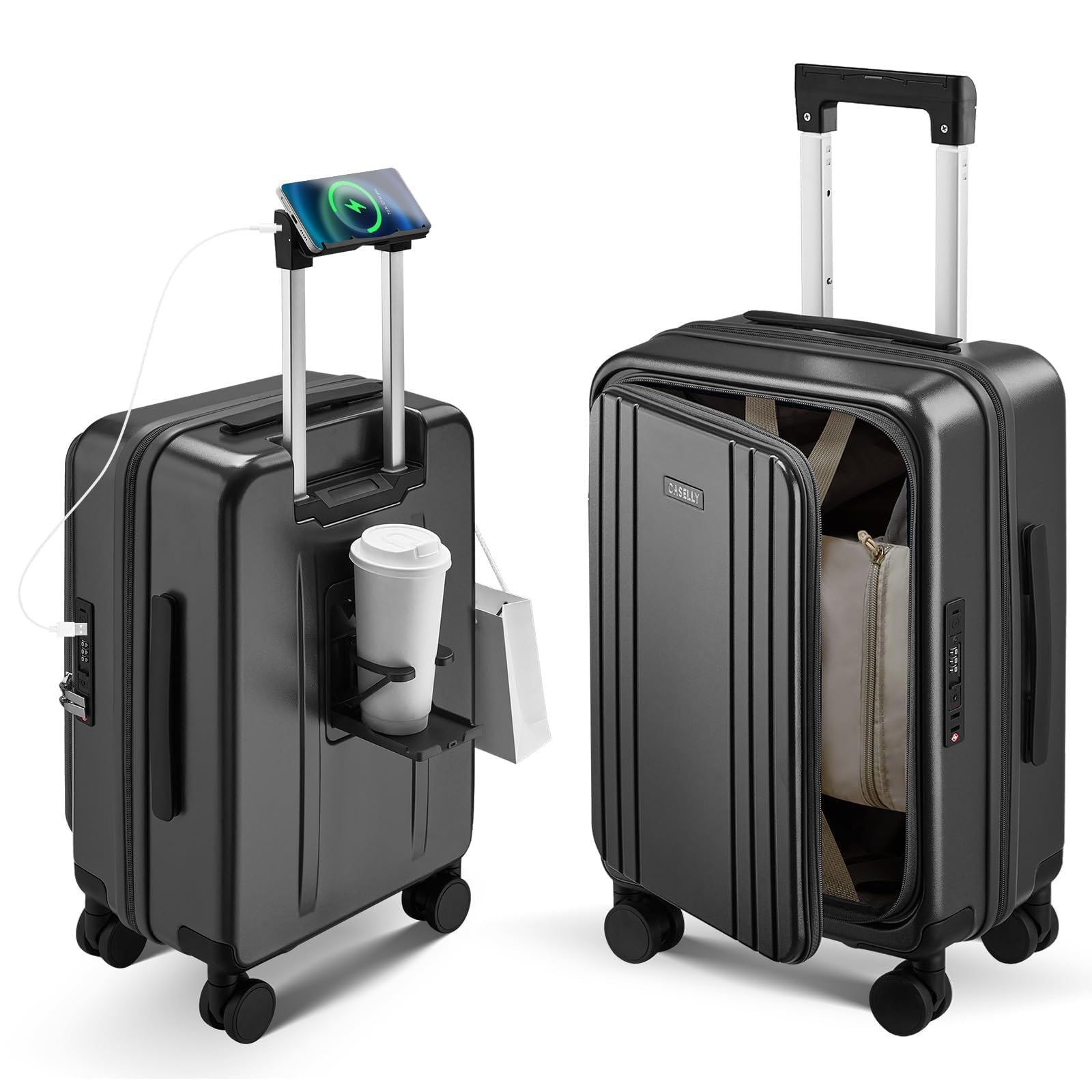 Carry On Luggage Top Opening with Cup Holder &amp; Phone Holder, Expandable PC Hard Shell Suitcase with USB Charging Port, Side Hook, 360° Spinner Wheels, TSA Lock &amp; YKK Zippers