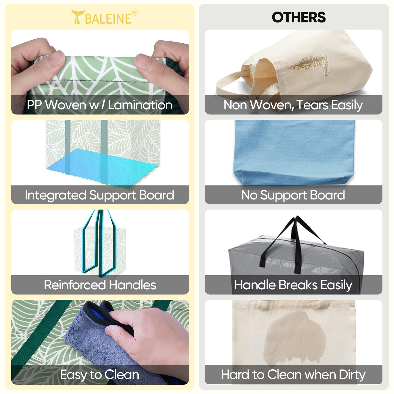 BALEINE Paquete de 4 bolsas de compras reutilizables con parte inferior reforzada, bolsas plegables resistentes (follaje antiguo)