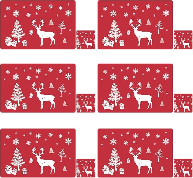 6 Set Christmas Placemats and Coasters ,12Pcs Christmas Table Mats Non-slip Heat Dining Mats for Christmas Decoration