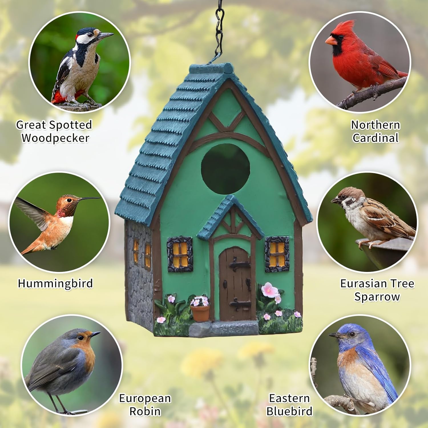 Bird Houses for Outside Green Cottage Resin Birdhouse, Garden Outdoor Decor Bird House with Flower and Stone Details, Birdhouses for Outdoors for Bluebird Finches Cardinals