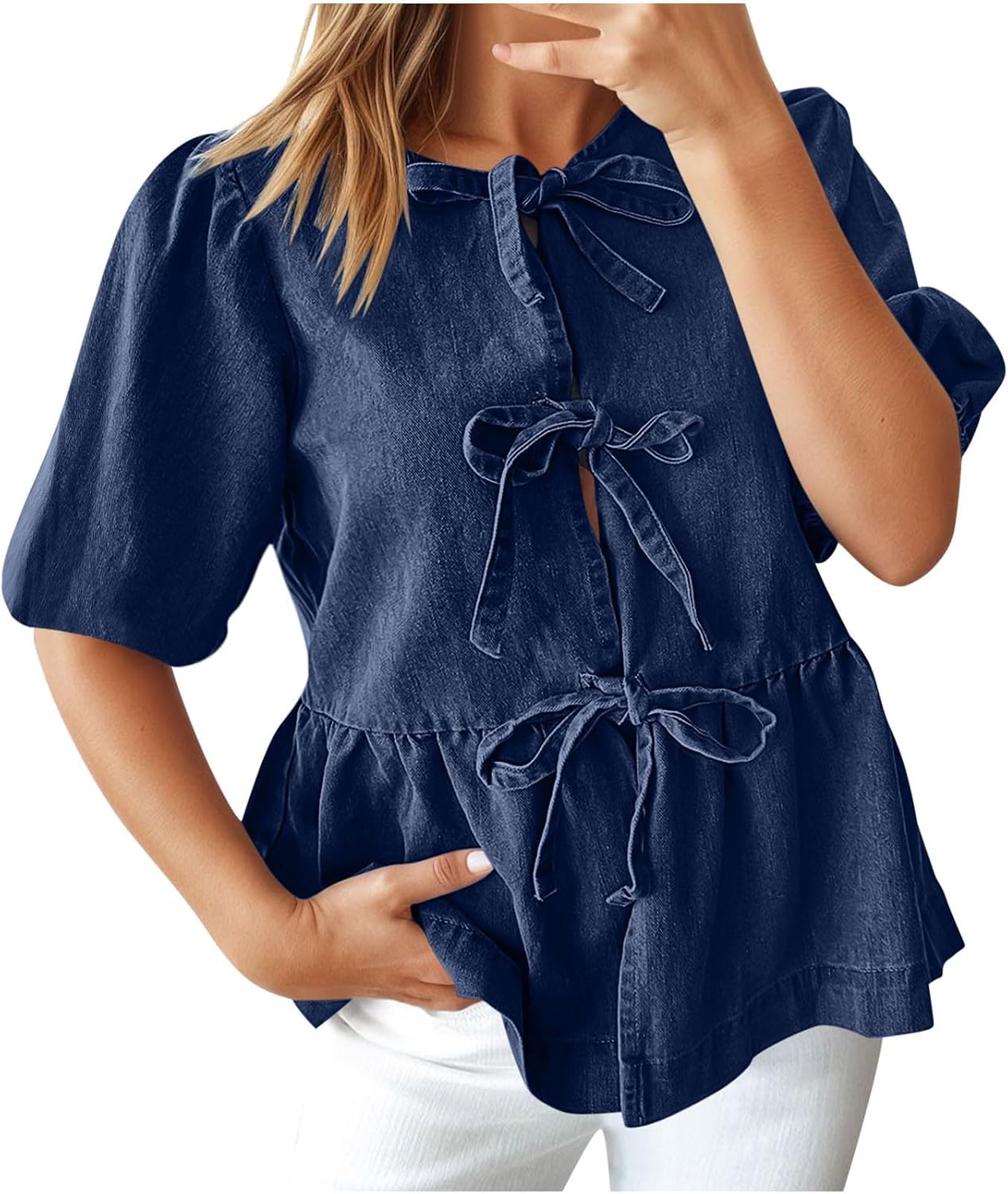 Women Denim Tie Front Top Short Sleeve Crew Neck Loose Fit Summer T Shirts Casual Solid Color Bow Blouse