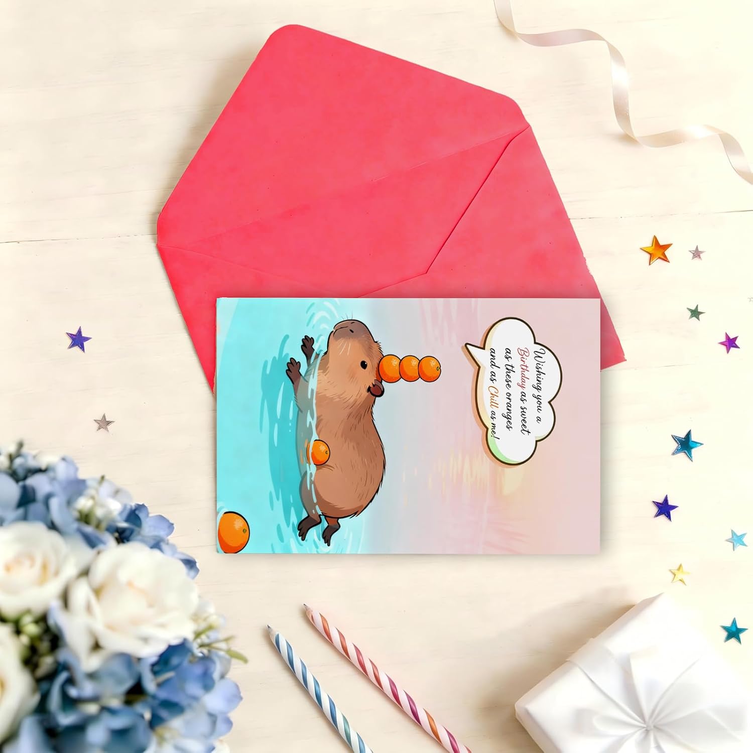 1 Pack Funny Capybara Birthday Card with Envelopes & Stickers, Assorted “Capy Birthday” Animal Pun, 9 Unique Designs, 4x6", for Capybara Lover Gifts, Capy Themed B-day Party Favor (Orange&Swimming)