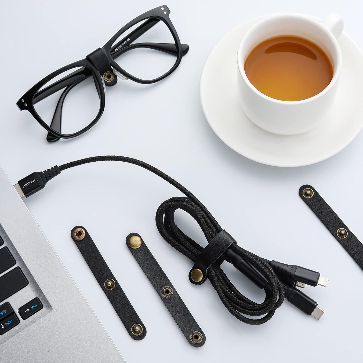 Flutesan 24 Pcs Leather Cord Organizer Travel Cord Organizer 2 in 1 Portable USB Holder Headset Winder Earphone Clips Ties for Men Gifts Leather Home(Black)