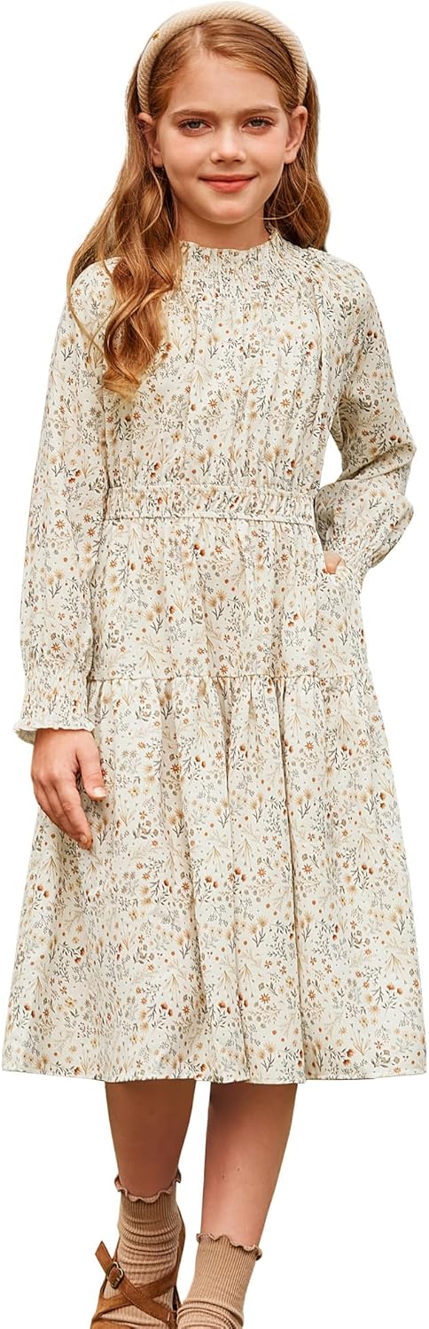 GRACE KARIN Prinsessenjurk voor meisjes, ronde hals, lange mouwen, feestelijk, bloemen, ruches, partyjurk, 6-14 jaar, marineblauw met paarse bloem, 6 Jaar