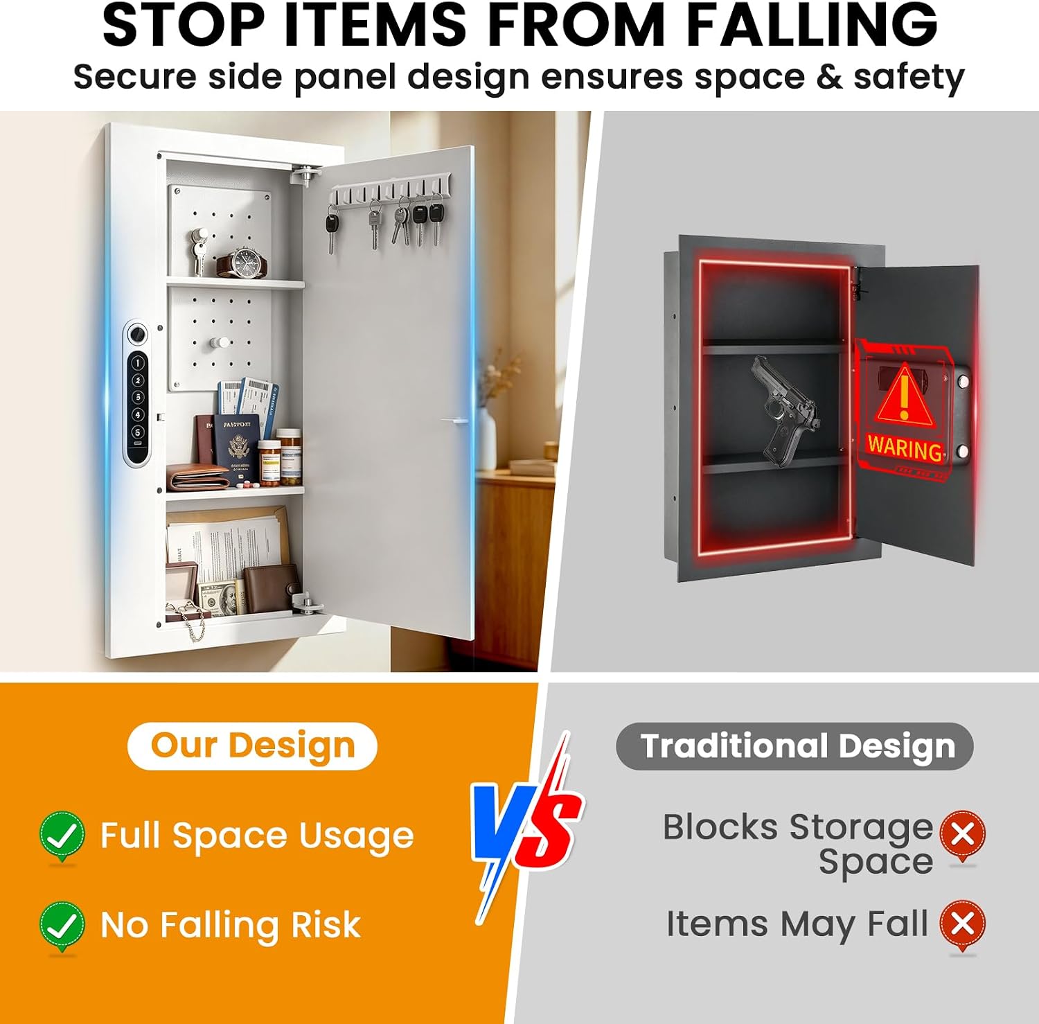 27.3" Tall Biometric Wall Safe Between 16" Studs, Fingerprint & Keypad Safe with Removable Pegboard & Shelves and Auto-Open Door, Wall Mounted Hidden In Wall Safes for Home