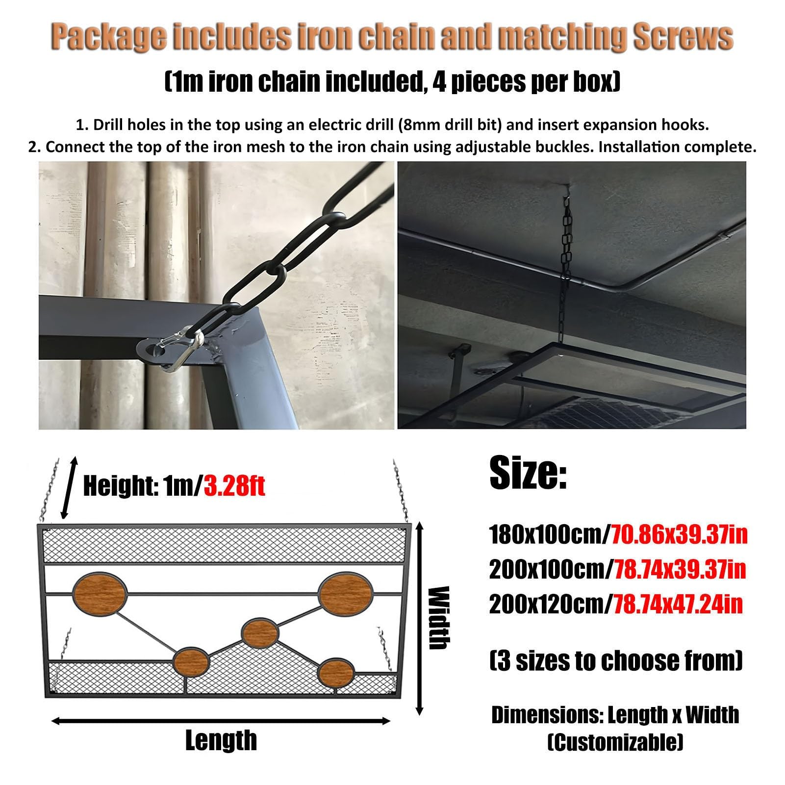 Dekoracyjne płytki sufitowe, metalowe panele i stojak ekspozycyjny z żelaznym łańcuchem do użytku wewnątrz, 200 x 100 cm, łatwy montaż i wszechstronny design