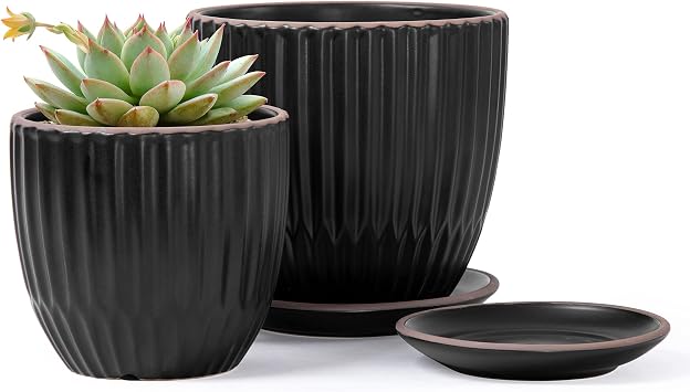 Dvine Dev Set of 2 Stoneware Planter Pots, Ceramic Pot with Drainage Hole and Saucers, 4.5 Inch 5.8 Inch, Black, 99-D-2