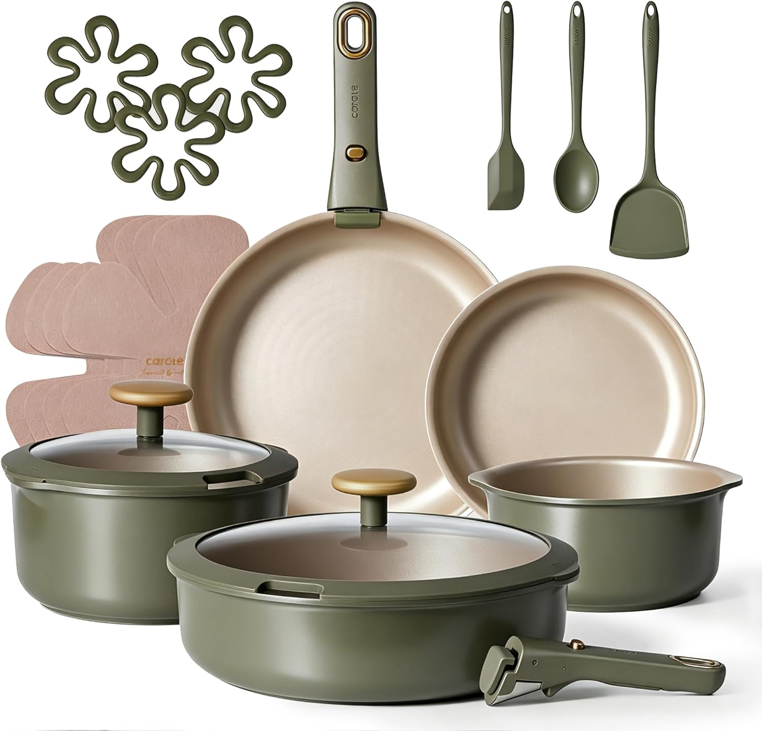 CAROTE 19 Pcs Pots and Pans Set, Nonstick Cookware Sets with Detachable Handle, Titanium Reinforced, Oven Safe, Cookware Non Stick Cooking Set w/Frying Pans & Saucepans Green(PFOS, PFOA Free)