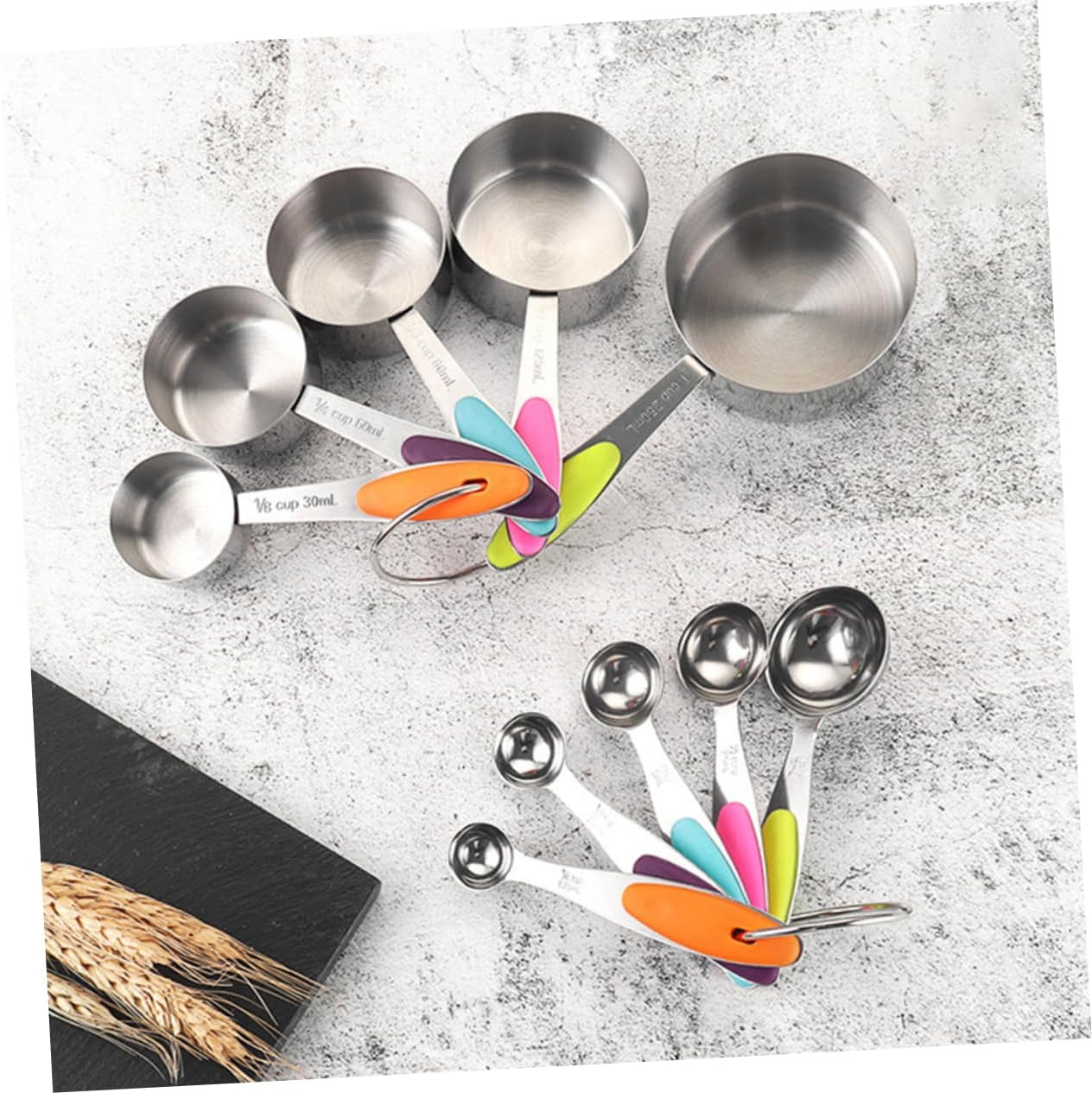 10 Pcs Measuring Spoons and Cups Stackable and Nesting Kitchen Utensils with Scales Detachable Ring for Baking and Cooking Practical Liquid and Dry Ingredient Tools
