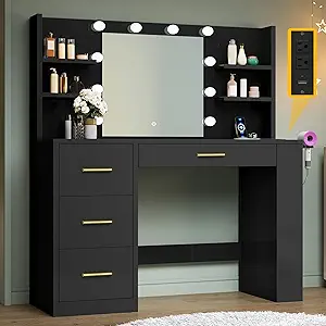 DWVO Vanity Desk with Mirror and Lights, 40in Makeup Vanity Table with Power Outlet, 4 Drawers & Storage Shelves, 3 Lighting Color Adjustable, Black Dressing Desk for Bedroom