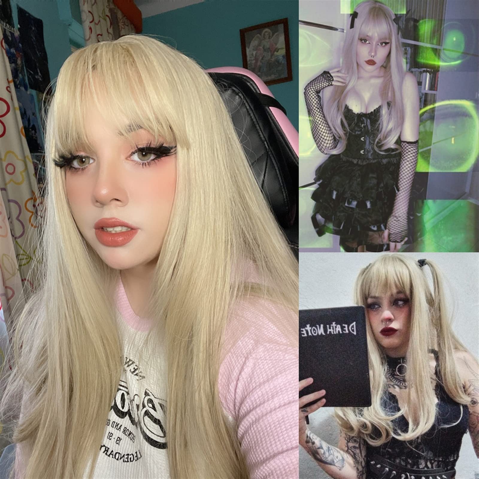 Human Hair Wigs Parrucca Parrucche lunghe ondulate naturali for donna, parrucca bionda platino da 24 pollici con frangia Parrucca sintetica resistente al calore for cosplay di feste quotidiane Natural