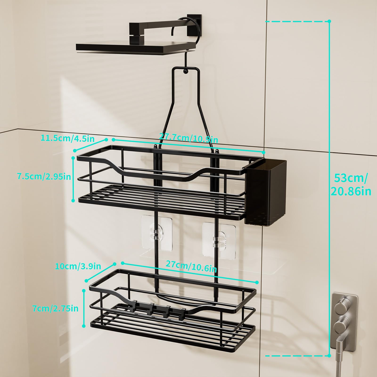 HapiRm Wiszący organizer prysznicowy – 2-poziomowy organizer łazienkowy z obrotowym hakiem górnym o 360° i 4 haczykami, czarny, nierdzewny, wiszący regał prysznicowy na szampon, odżywkę i