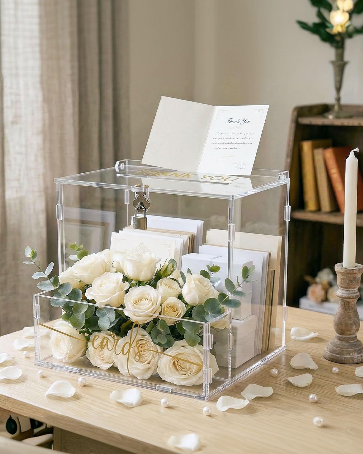 Wedding Card Box, Clear Acrylic Card Box for Wedding, Large Keepsake Holder with Flower Trough & Secure Lock, Party Decorations & Gift Money Collection for Graduation, Baby Shower, Birthday