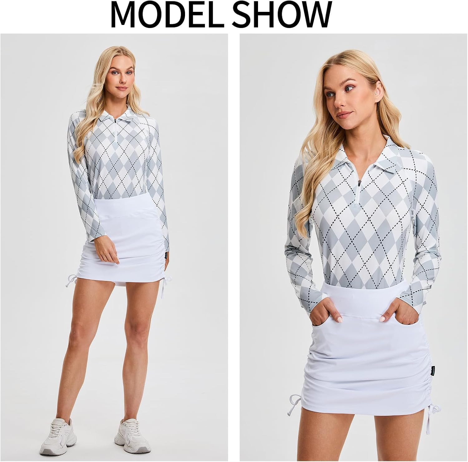 Soneven Women Long Sleeve Sport Polo Shirts Moisture Wicking Athletic Golf Polo Shirts (Grey-Plaid,S) - Image 3