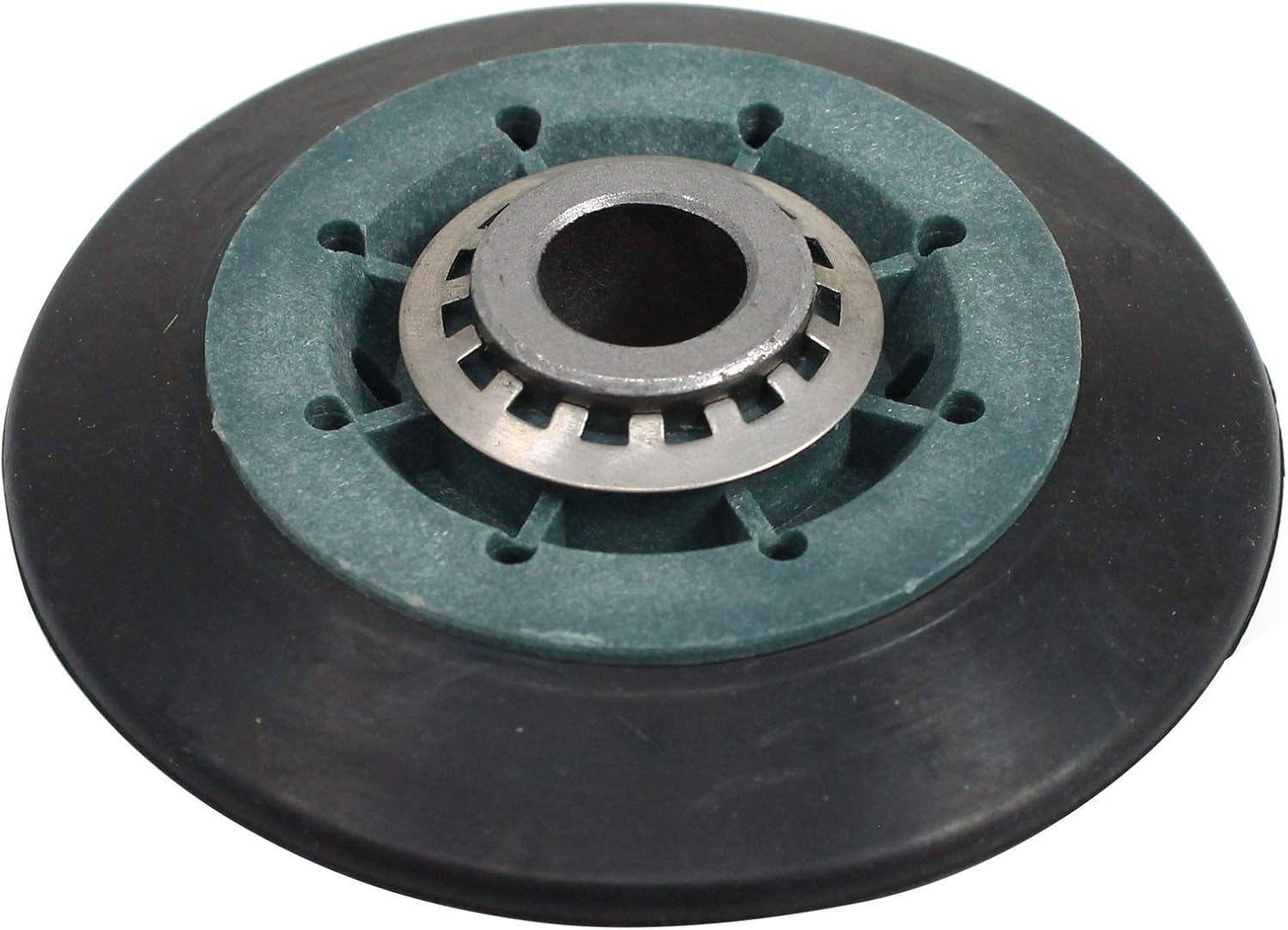 Angled view of a single dryer drum roller, showing the bearing and wheel