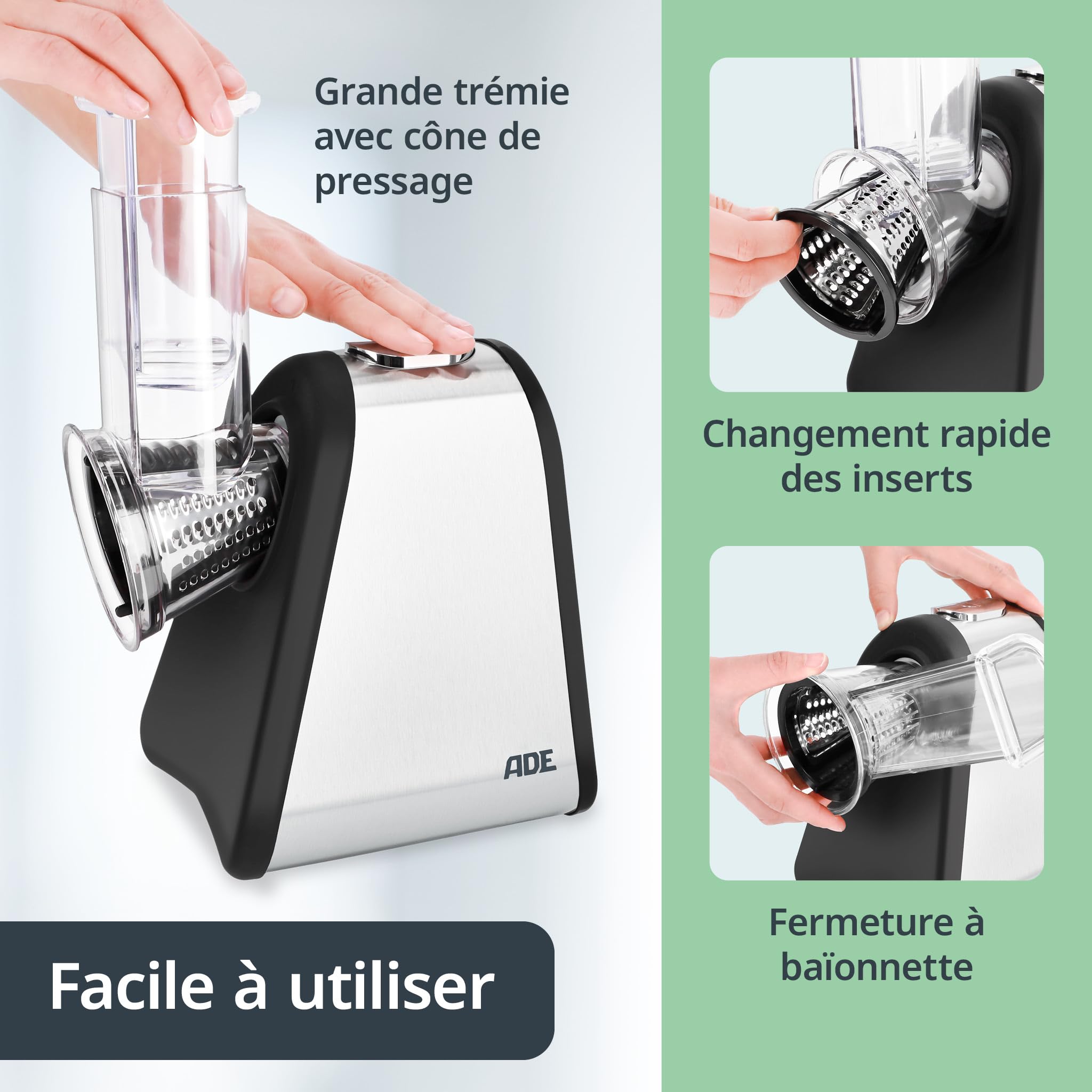 ADE Râpe de cuisine électrique | max. 500 W | découpe legumes facilment, fromage, carottes, chocolat | coupe légumes | 4 accessoires | boîtier en acier inoxydable