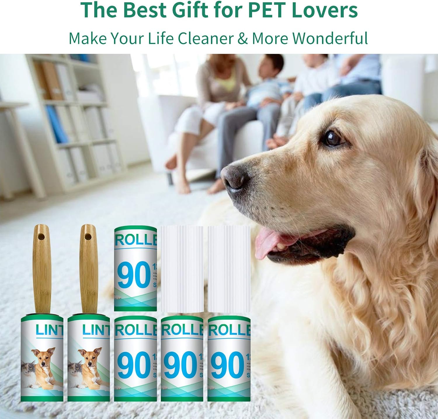 DHMAKER, Extra Sticky Lint Rollers for Pet Hair, Value Pack with 2 Bamboo Rollers and 6 Refills (90 Sheets per Refill, Total 540 Sheets)