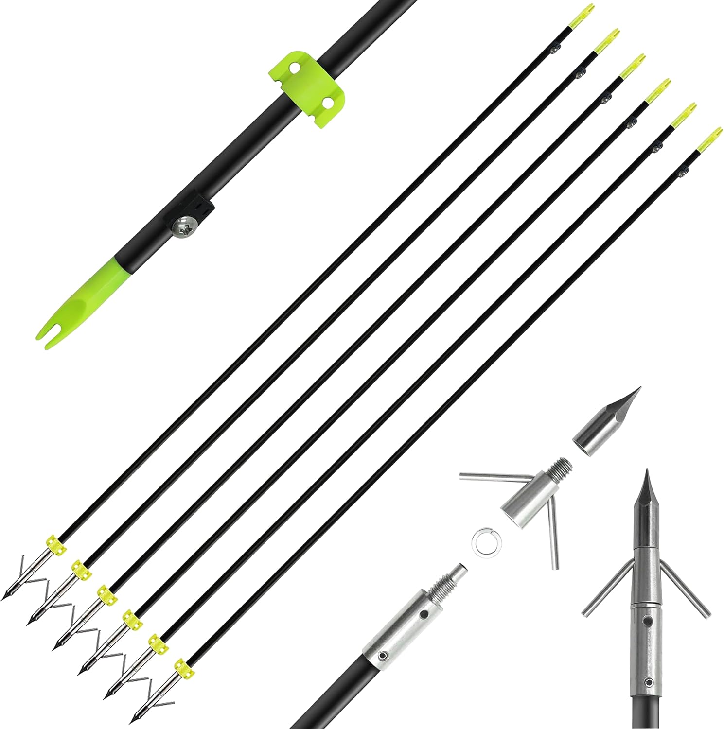 Bowfishing Arrows 8mm Solid Fiberglass Fishing Arrow with Removeable Tips and Safety Slides for Hunting Archery Compound Bow Recurve Bow Fishing Arrow, Black