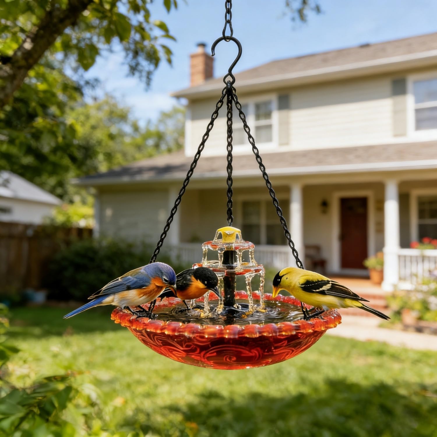 Hanging Solar Bird Bath Fountain 2026 New Hanging Bird Baths with Flowing Water Solar Powered Cascading Outdoor Water Fountain Patio Backyard Lawn Garden Decor (Red)