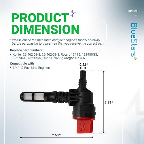 Miniatura 2 de BlueStars 192980GS Válvula de cierre de combustible de 90 grados Buje de ojal para BS 78299GS 80270GS Kohler 25 462 03-S 25-462-03-S Rotary 13116